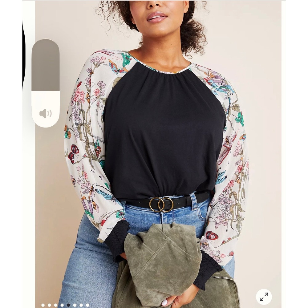 Anthropologie Tiny‎ Dawn Smocked Top Black Floral Butterfly Raglan Sleeve Small
